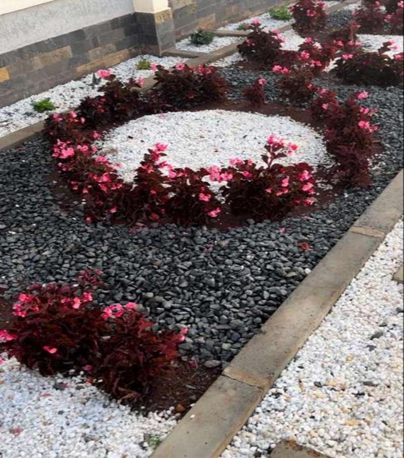 Circular flower bed set in gravel